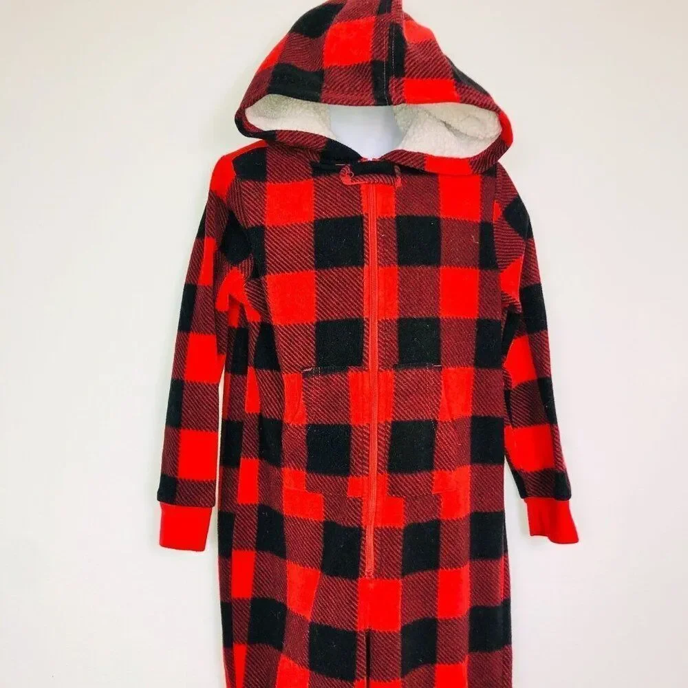 Gymboree Girls 5-6 Pajamas Red Buffalo Plaid Winter One Piece Open Foot Hooded